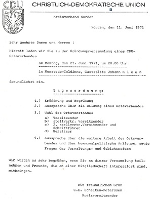 Einladung zur CDU Gründungsversammlung 1971