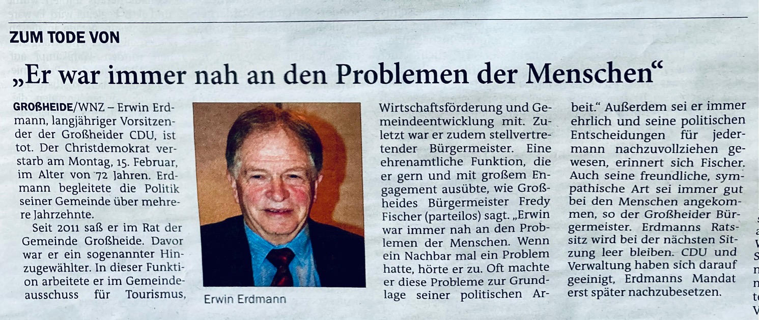 Nachruf CDU  SKN zum Tode von Ratsherr & stellv.Brgermeister  Erwin Erdmann
